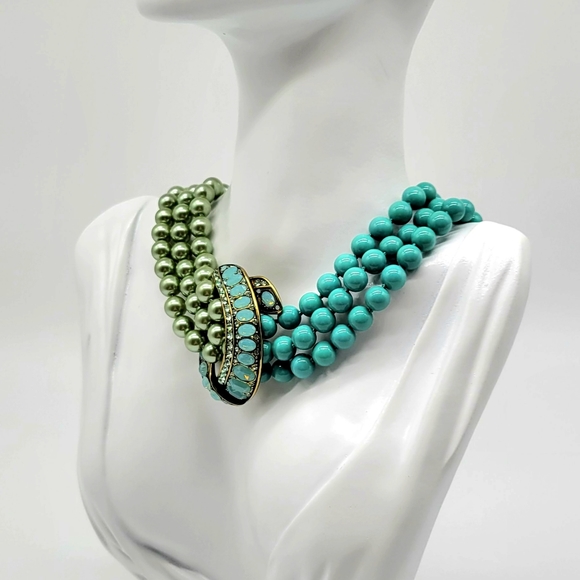 Heidi Daus Rare 80s Vintage Half Pearl Half Turquoise Choker w/ Crystal Pendant - Picture 6 of 11